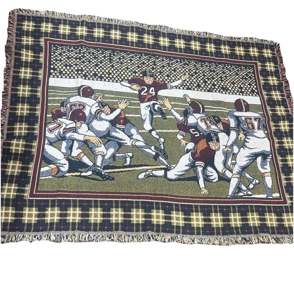 Vintage Crown Crafts Throw Blanket Tapestry Football Motif Americana 56" x 46"